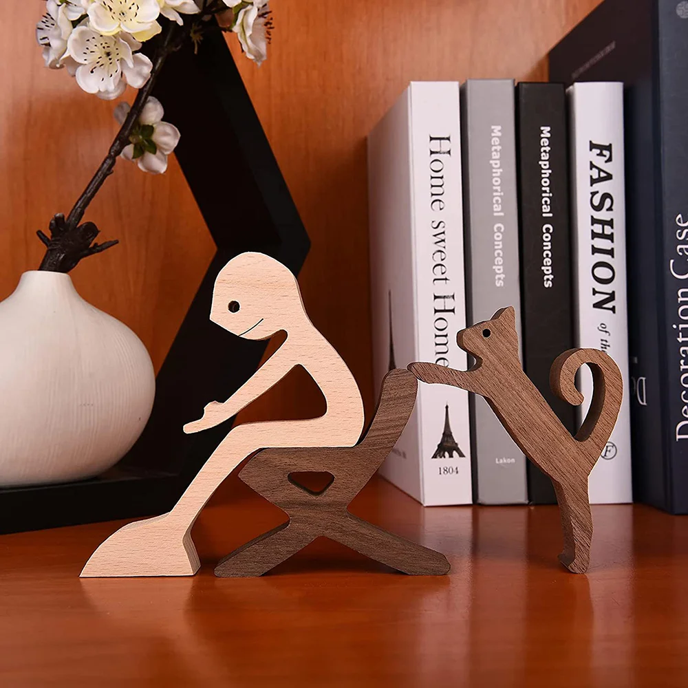 Purexcellent&trade; Creative wooden boy and cat home desktop carving ornament