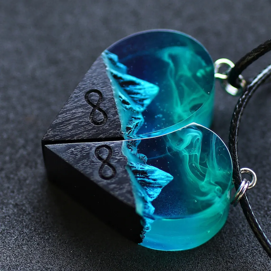 Wood Resin Paired Heart Pendants Mountains