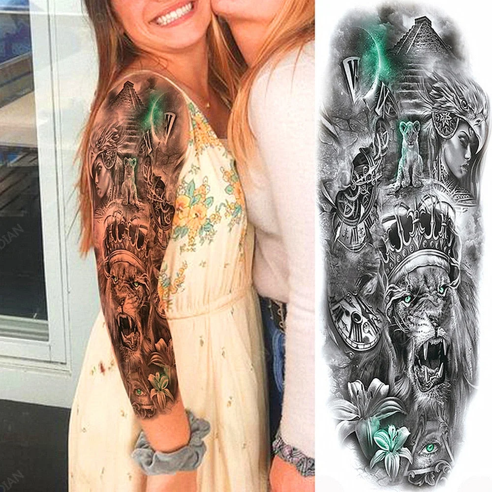 Large Arm Sleeve Tattoo Rose Lion Wolf Waterproof Temporary Tatto Sticker Flower Clock Waist Leg Body Art Full Fake Tatoo Women