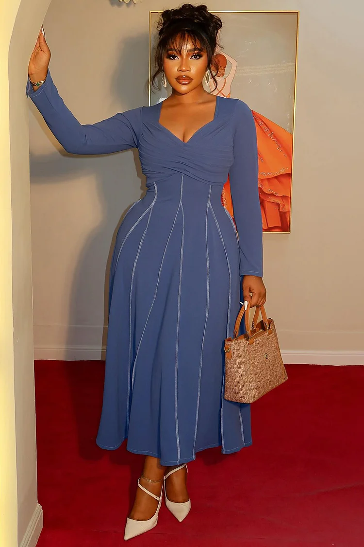 Long Sleeve Wrinkle Godets Hem Daily Solid Maxi Dresses-Blue [Pre Order]
