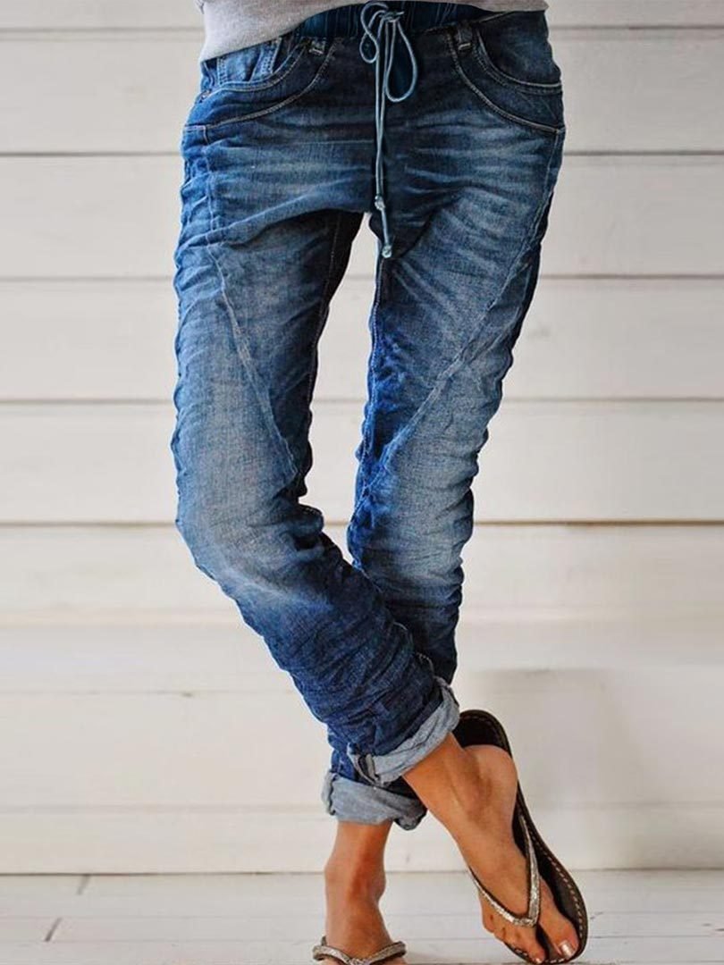 2021 Ripped Denim Drawstring Waist Washed Women's Casual Jeans