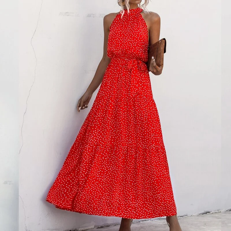 2021 Summer New Elegant Sexy beach long Dress Women Fashion Print Flowers Polka-dot Ladies Halter boho dress women vestidos