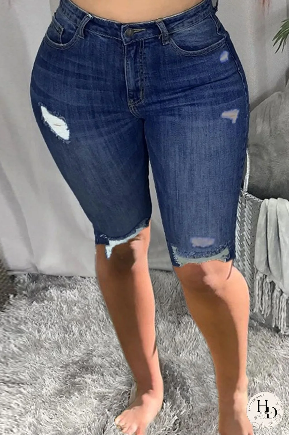 Dark Blue Fashion Casual Solid Ripped Plus Size Jeans