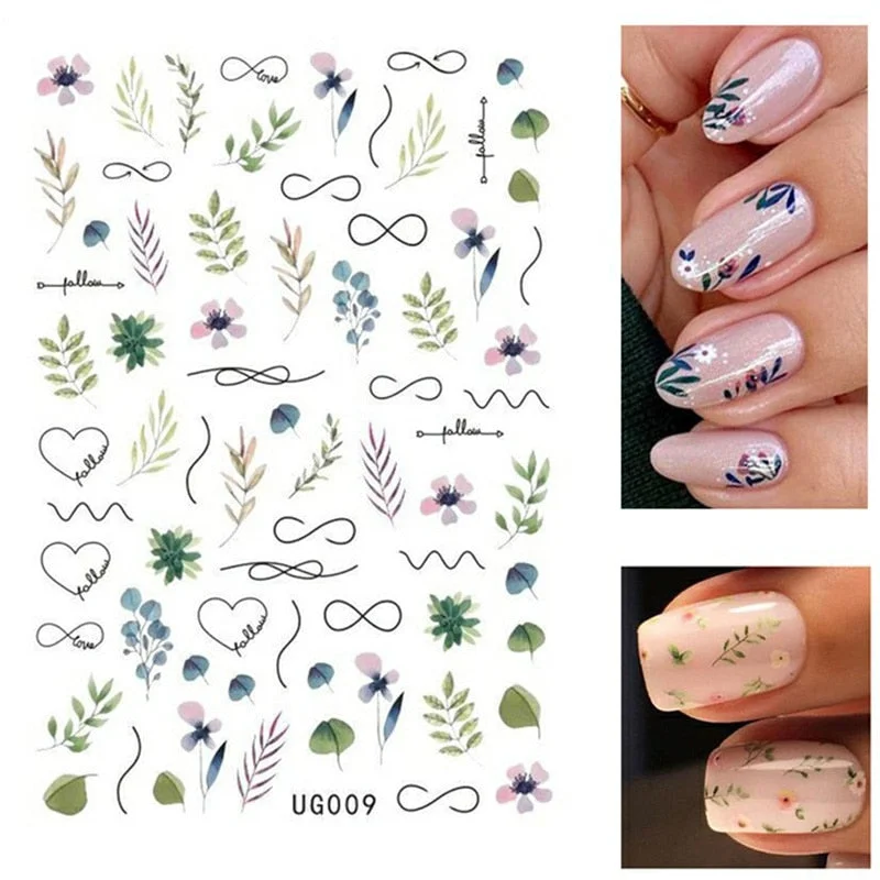 1PC Spring Palm Flowers Leaves 3D Nail Stickers Self-Adhesive Slider Nail Art Decorations Geometry Decals Manicure Accessories-Nail Inspo