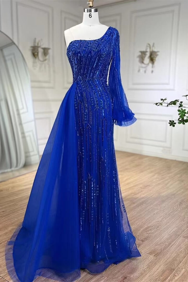 Bellasprom Royal Blue One Shoulder Long Sleeve Mermaid Prom Dress With Beadings Ruffles Bellasprom