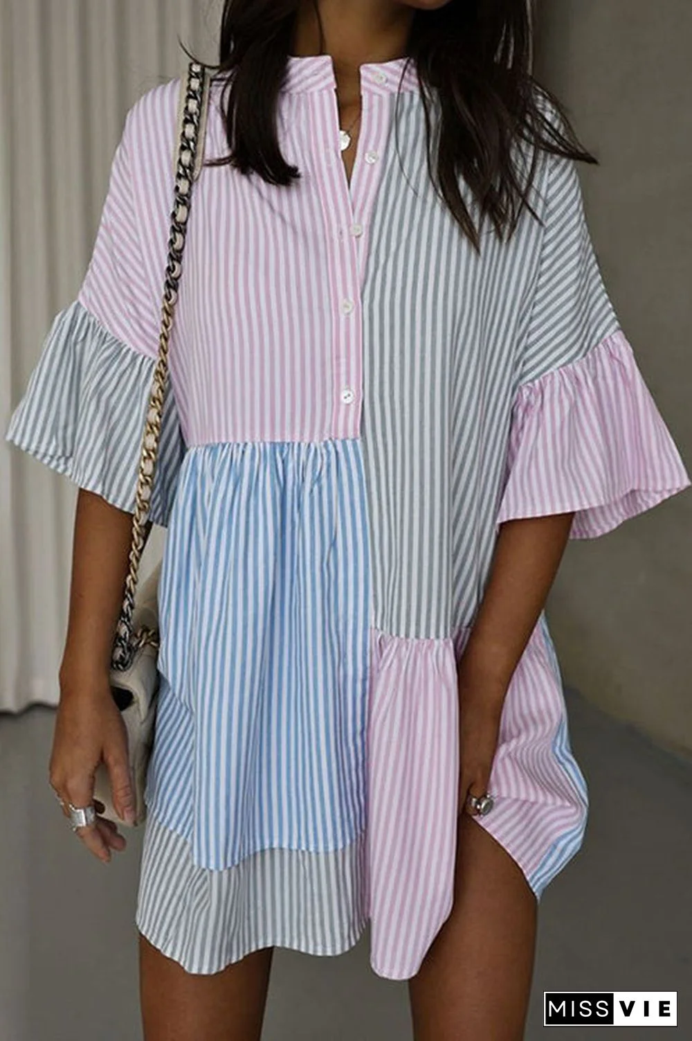 Stripe Color Block Half Button Mini Dress