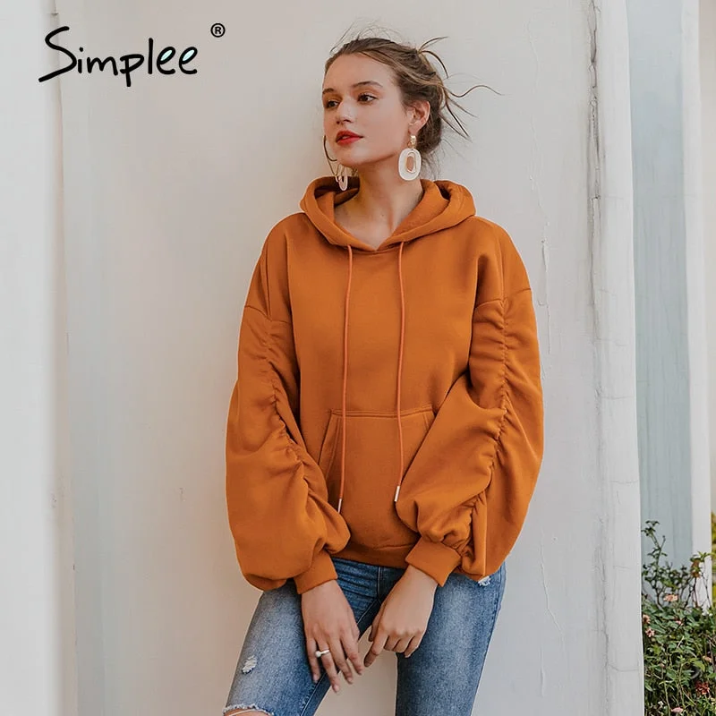 Simplee Causal Pink Autumn Winter Fleece Hoodies Women Fashion Drawstring Sleeve Sweatshirt Female fleece tracksuit Jacket 2020