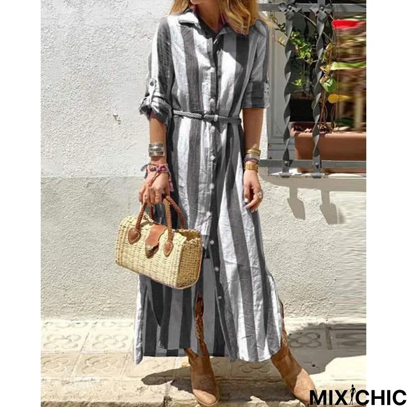 Women's Long Dress Loose Striped Print Single Row