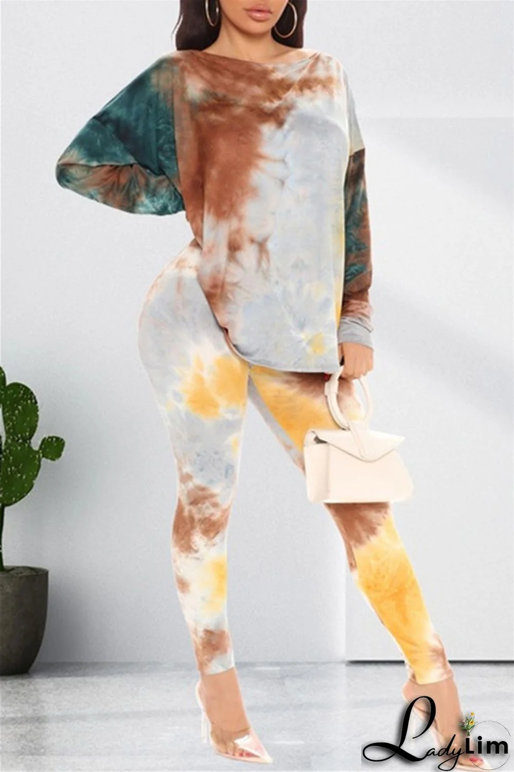 Light Coffee Fashion Casual Print Tie Dye Backless O Neck Long Sleeve Two Pieces