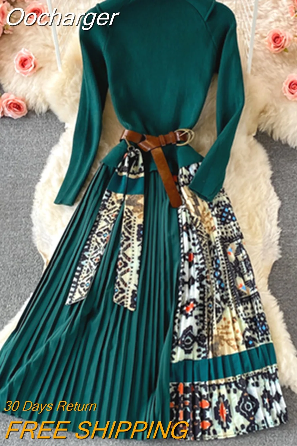 Oocharger Print Vestidos Knitting Vintage Korean 2023 Autumn Winter Women Dresses Stand Collar High Waist Patchwork Long Dress