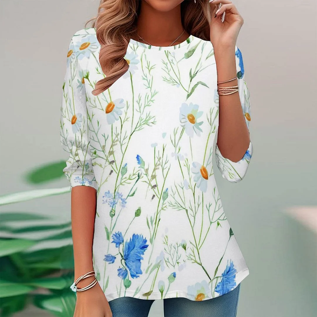 Vintage Printed Long Sleeve Plus Size Tunic for  Women and Men Unisex Pattern Blue,Floral,White