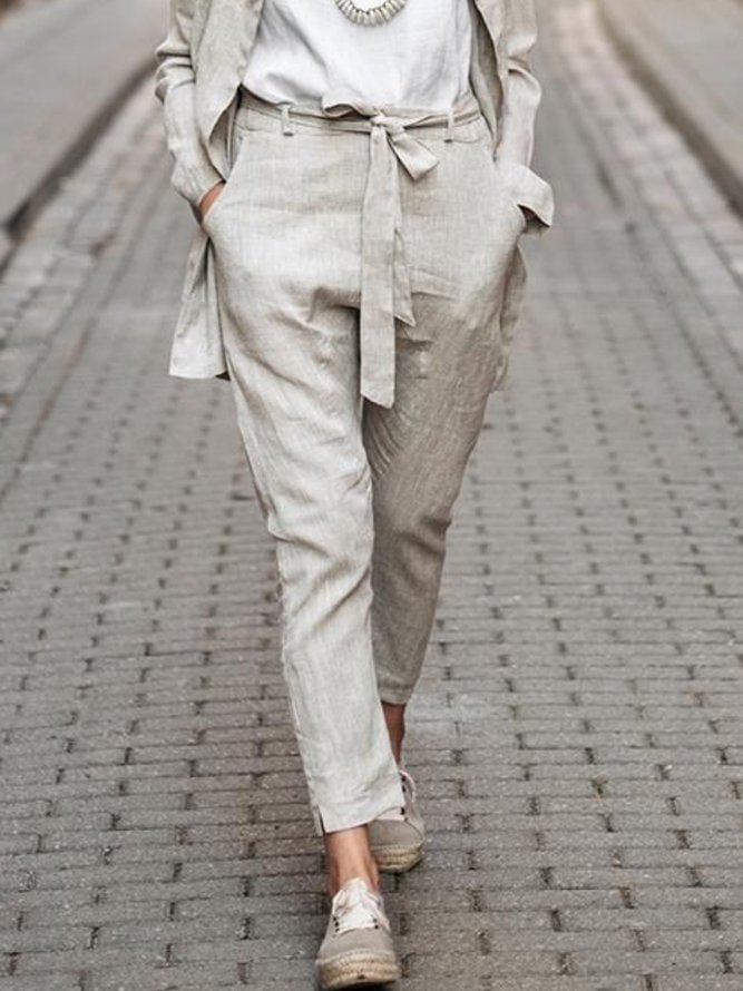 Solid Beige Casual Pants
