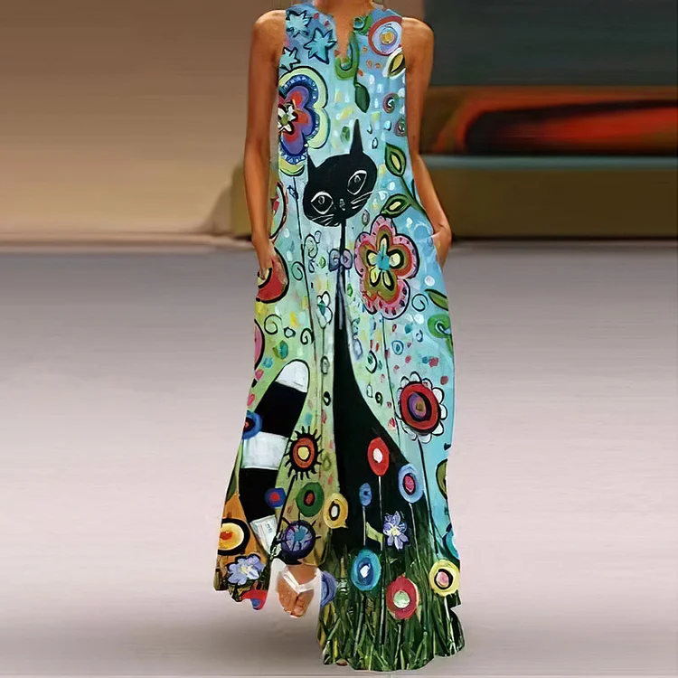 Cat And Flower Print V-Neck Maxi Dress
