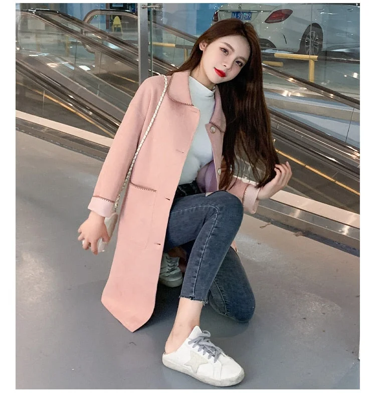 Fashion Women Casual Thin Coat Spring Autumn Elegant Fashion Long Sleeve Lapel Neck Woolen Trench Coat