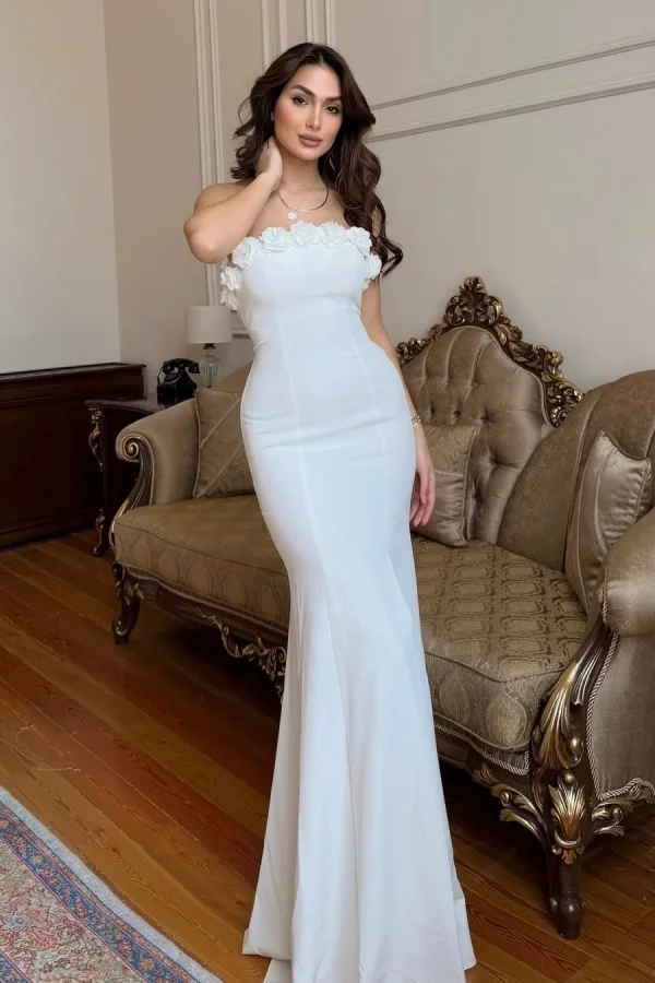 Elegant White Split Mermaid Handmade Flowers Prom Dress ZT0660