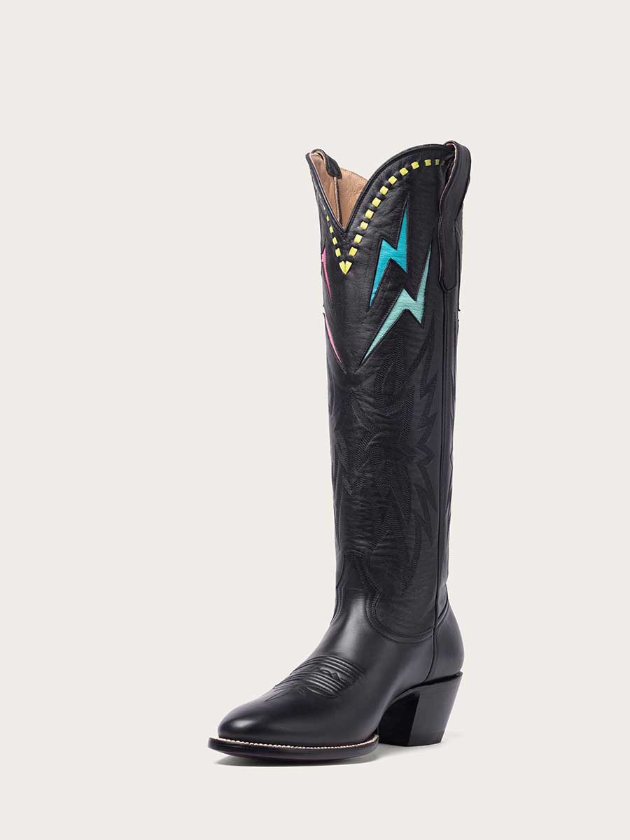 Black Vegan Leather Lightning Inlay Heeled Knee High Cowgirl Boots Nicepairs