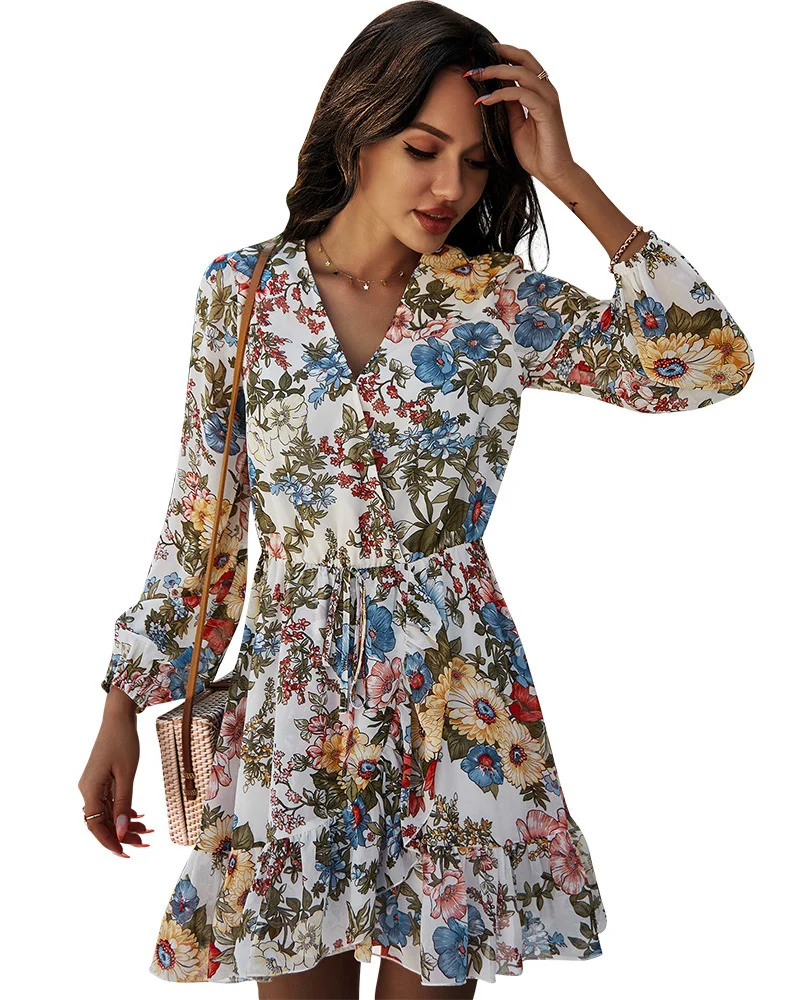 Uveng Uveng White Skirt V-Neck Chiffon Print Temperament Commuter Mid-Rise Long-Sleeved Dress
