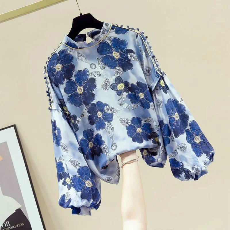 Lantern sleeve stand collar chiffon women's blouse top 2022 spring clothes floral printing plain silk casual loose shirt blouse