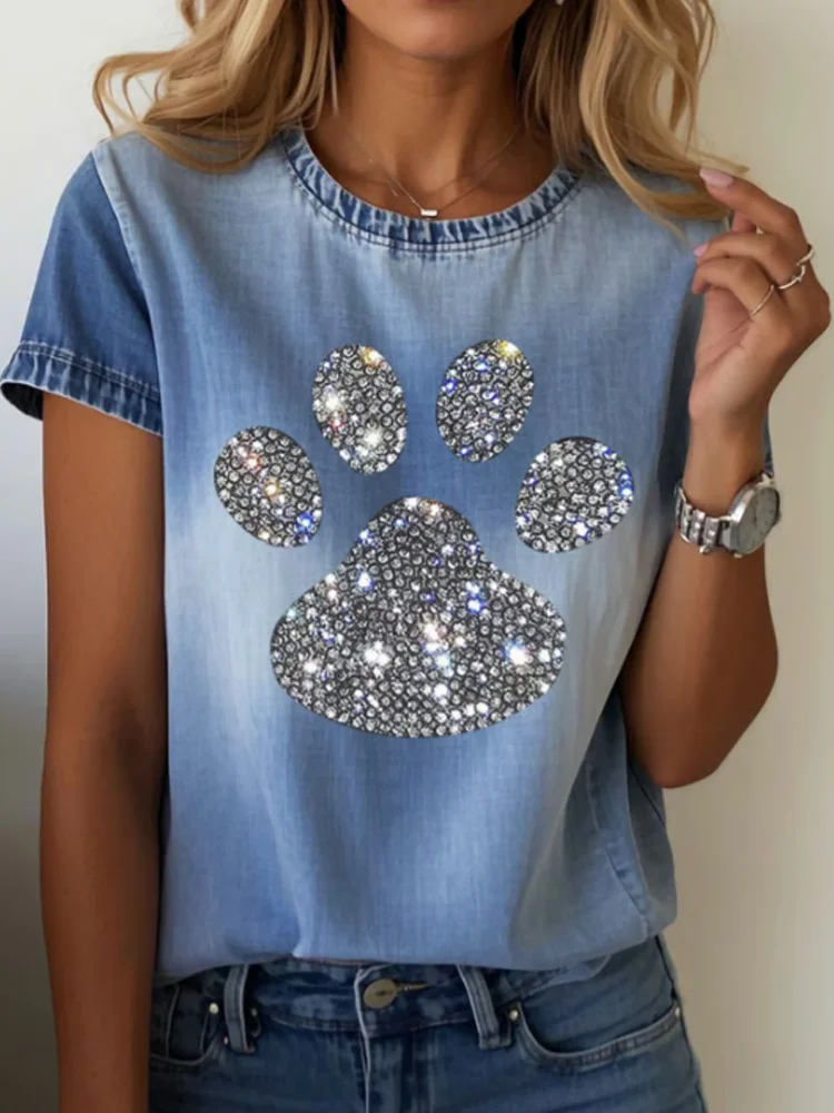 Women's Denim Rhinestone Claw Print Short Sleeve T-shirt