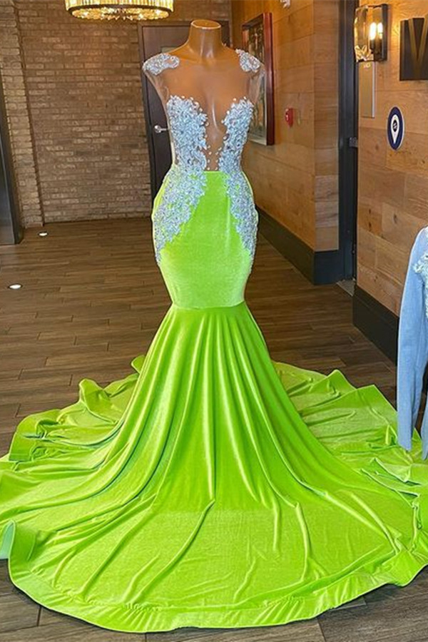 Bellasprom Green Cap Sleeves Mermaid Prom Dress Long With Lace Appliques Bellasprom