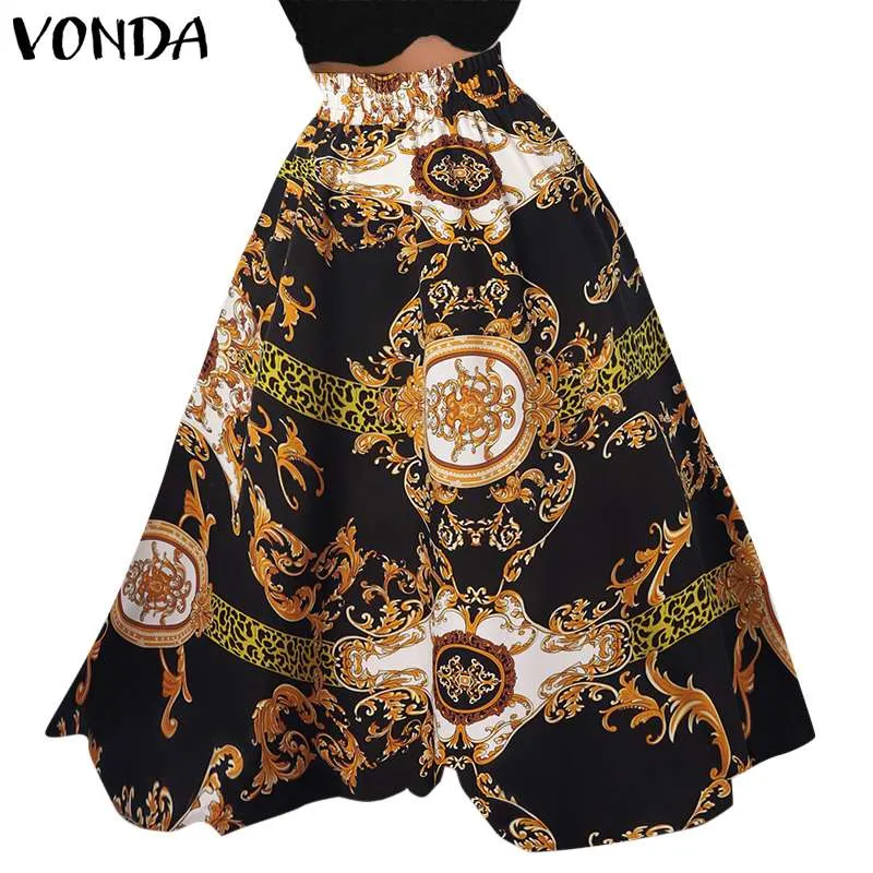 2022 VONDA Autumn Summer Party Long Maxi Skirt Women Casual Elastic Waist Skirt With Pockets Femininas Vintage Printed Skirts