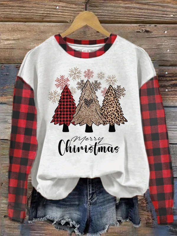 Women's Merry Christmas Tree Print Plaid Splice Sweatshirt