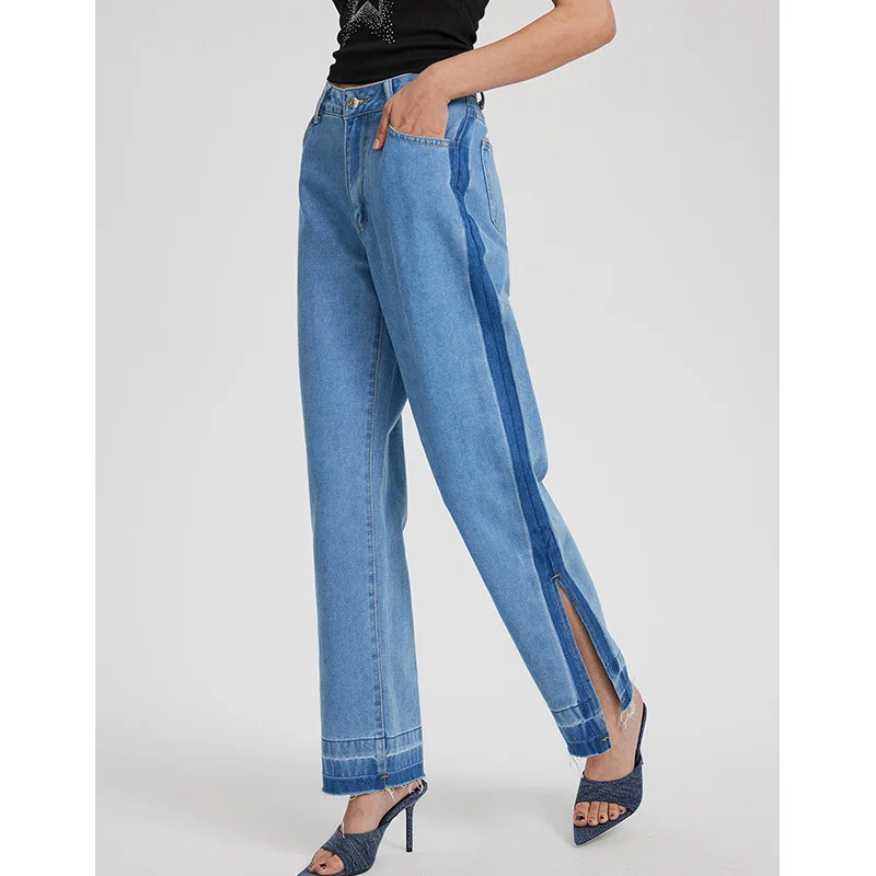 Women's INS Retro Casual High Waist Pants Split Straight Denim Jeans