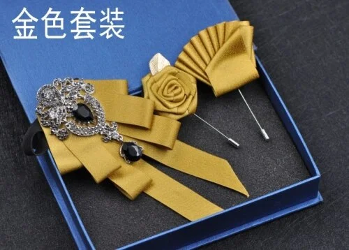 High-quality Fashion Handmade Red Diamond Bow Tie Wedding Collar Bowtie Brooch Pocket Towel Square Set Gifts for Men Accessories