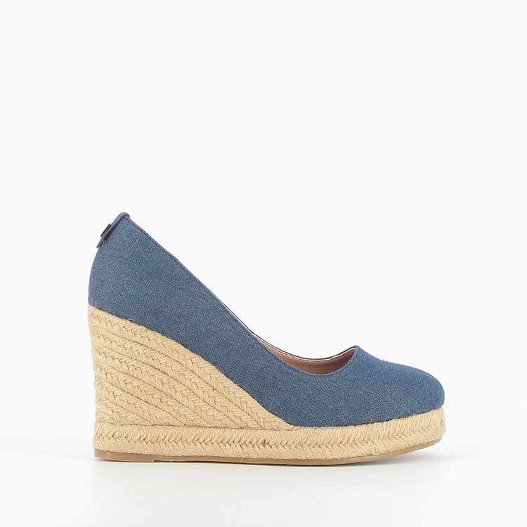 Blue Denim Wedges Heels Platform Pumps Round Toe Jean Heels Pumps |FSJ Shoes