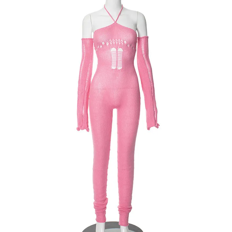 Uveng Uveng Women's 2023 Autumn And Winter 2023 New Woolen Sleeve Hanging Neck Tie Hollow Jumpsuit Pile Trousers