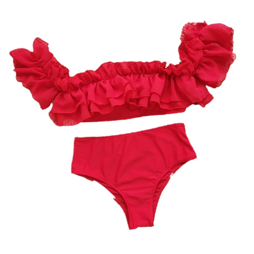 Uveng 2025 New Lotus-Side High-Waisted Bikini Bikini Solid-Colored Shoulder-Print Swimsuit