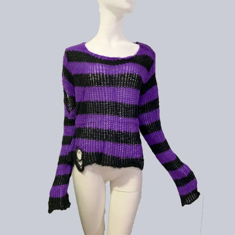 Plus Size Punk Gothic Long Unisex Sweater Dress Women Man Striped Cool Hollow Out Hole Broken Jumper Loose Rock Thin Sweter 2021