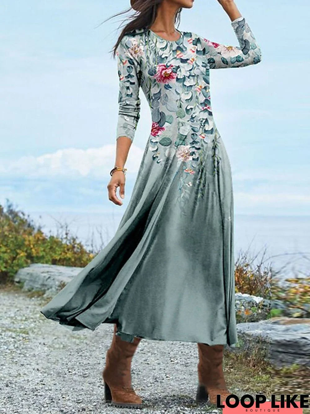 Casual Jersey Crew Neck Floral Dress