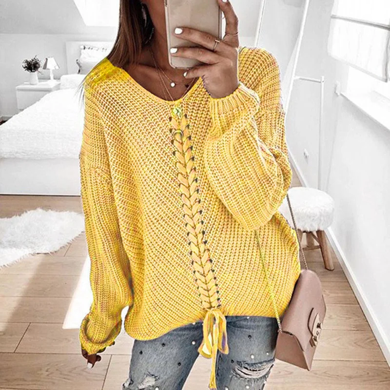 Wongn Wongn New Women Long Sleeves Loose V Neck Rope Exposed Back Jumper Knit Sweater Women's Clothing