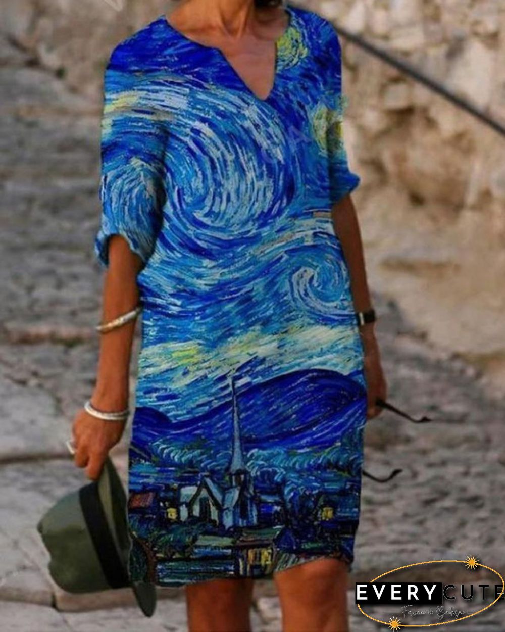 Ladies V-neck Printed Casual Shift Dress