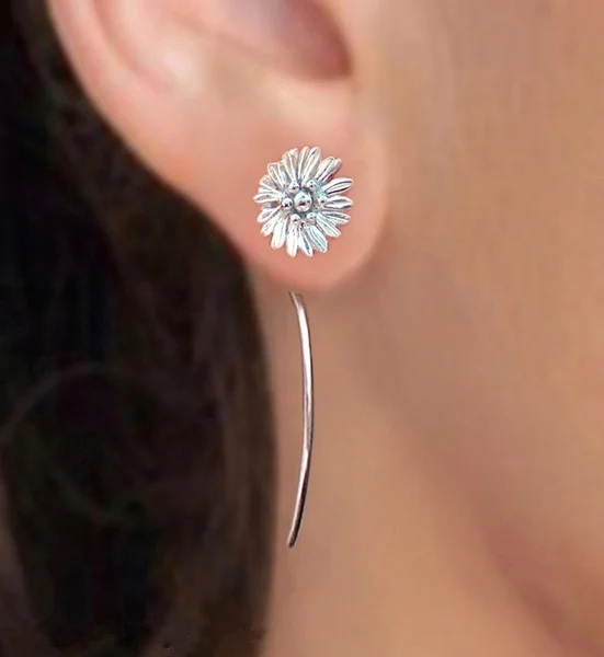 Shasta Daisy Flower Earrings 925 Solid Sterling Silver Earrings Jewelry Dangle Earrings Cute Small Stud Earrings Long Stem Earrings Threader
