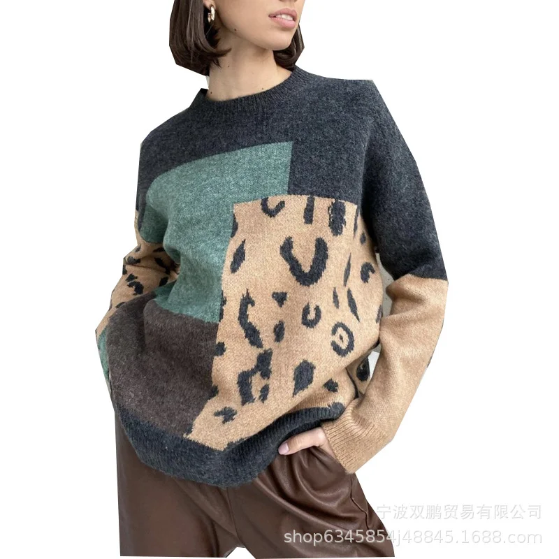 Athvotar Athvotar Leopard-Print Spliced Sweater Female Soft Thick Sheep Velvet Long Sleeve Knitted Tops In Wind