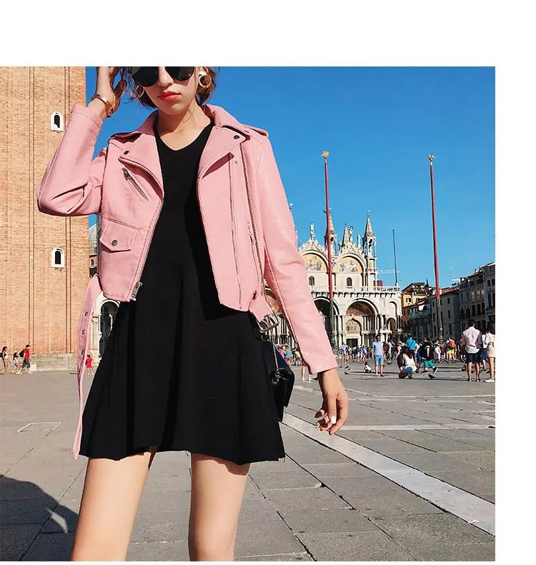 2021 New Autumn Fashion Women Motorcycle PU Leather Jackets Female Autumn Short Epaulet Zippers Coat Hot Black pink Outwear