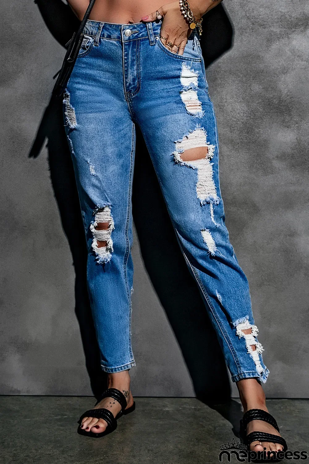 Blue Medium Wash Distressed Straight Jeans