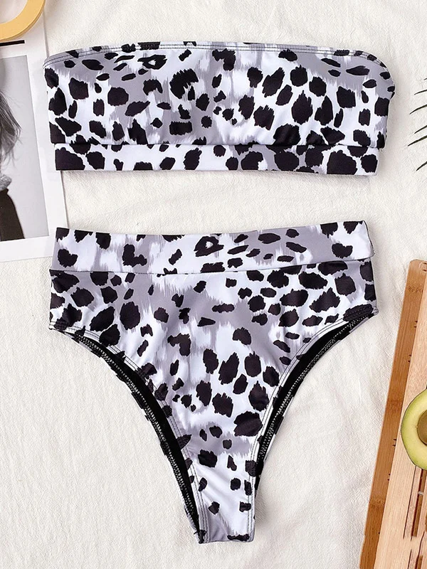 Leopard Print Bandeau Tight High-Waisted Bikini Swimwear