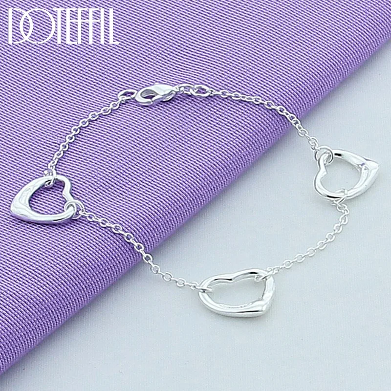DOTEFFIL 925 Sterling Silver Three Hearts Chain Bracelet For Women Jewelry