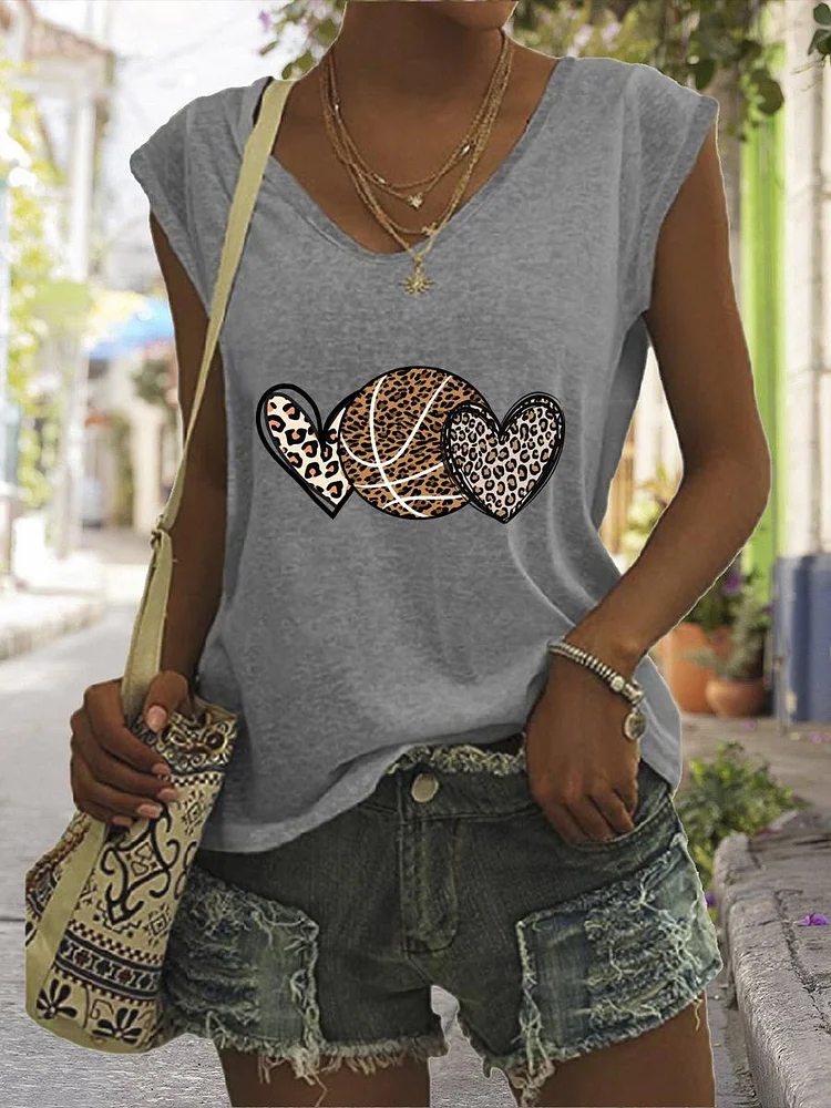 Leopard Print Love Basketball V Neck T-shirt Tees-Annaletters