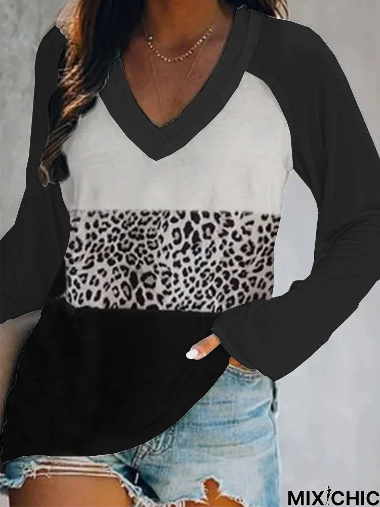 Raglan Sleeve V Neck Loose Leopard Vacation Tunic T-Shirt