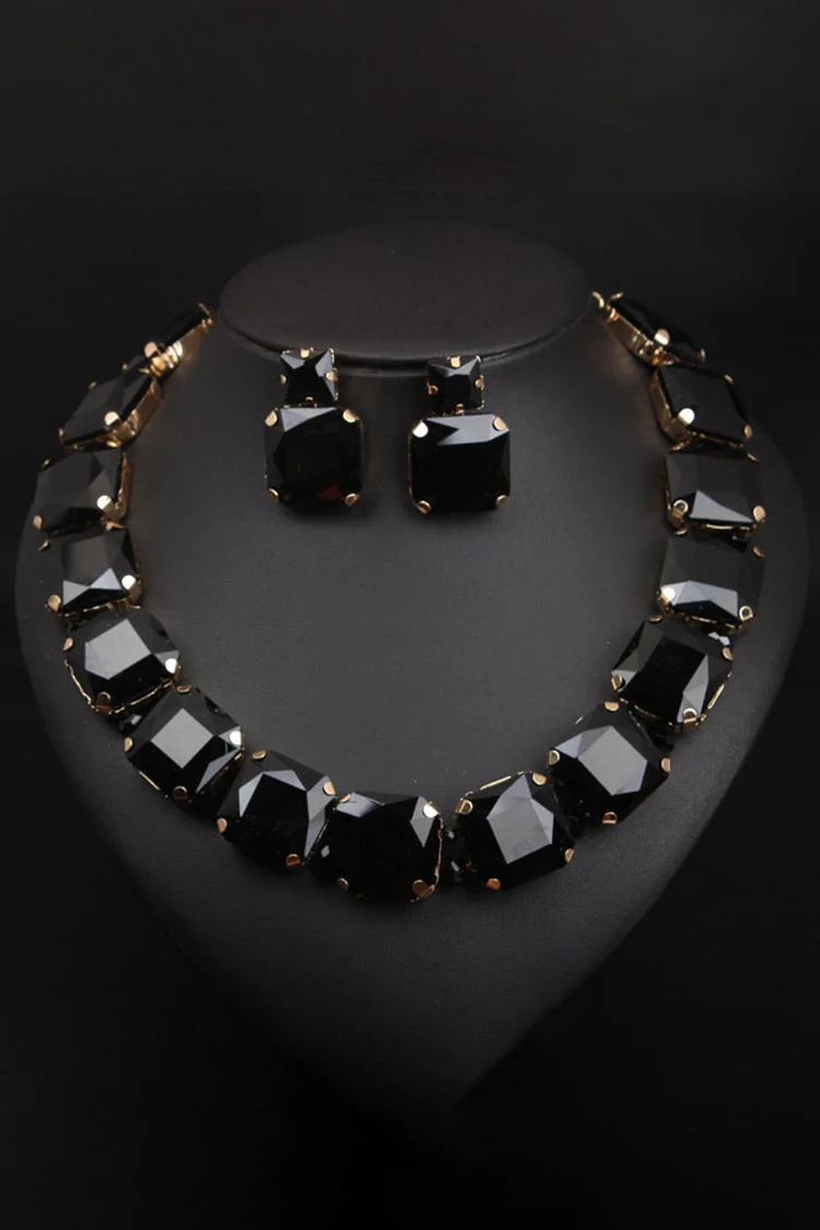 Fashion Square Rhinestone Necklace Earring Two Piece Jewelry Set