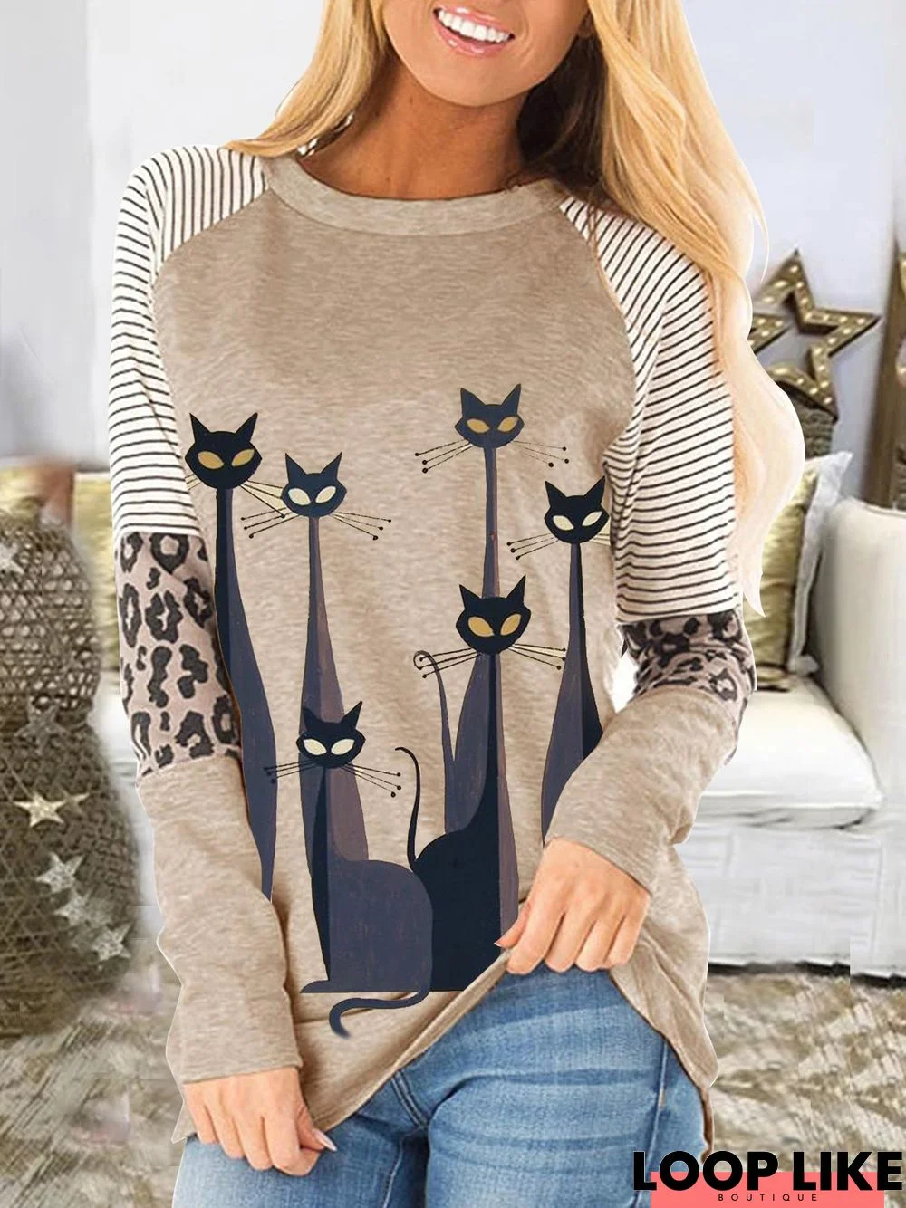 Round Collar And Leopard Print Patchwork Top, Cute Cat T-shirt