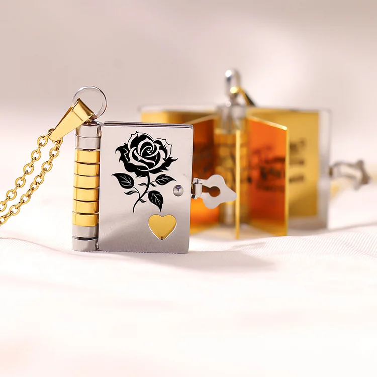 For Self - Strong As Fuck Black Rose Book Necklace