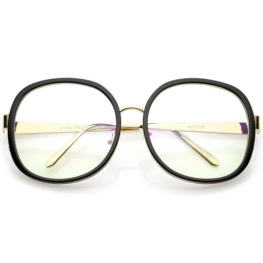 Women's Oversize Metal Arms Nose Birdge Clear Lens Round Eyeglasses 61mm