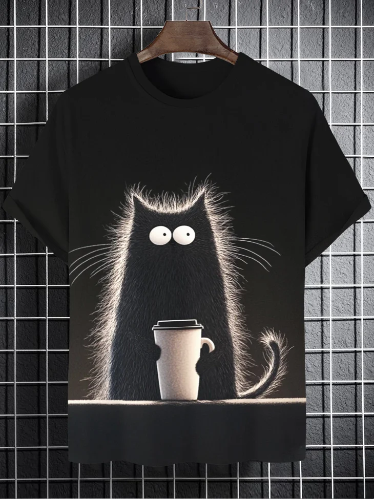 Men's Furry Black Cat Holding Coffee Print Casual T-Shirt