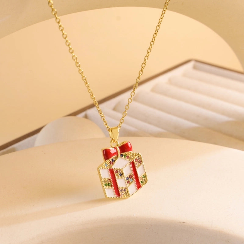 Titanium Steel Copper Cable Chain Enamel Inlay Christmas Hat Santa Claus Christmas Socks Pearl Zircon Pendant Necklace