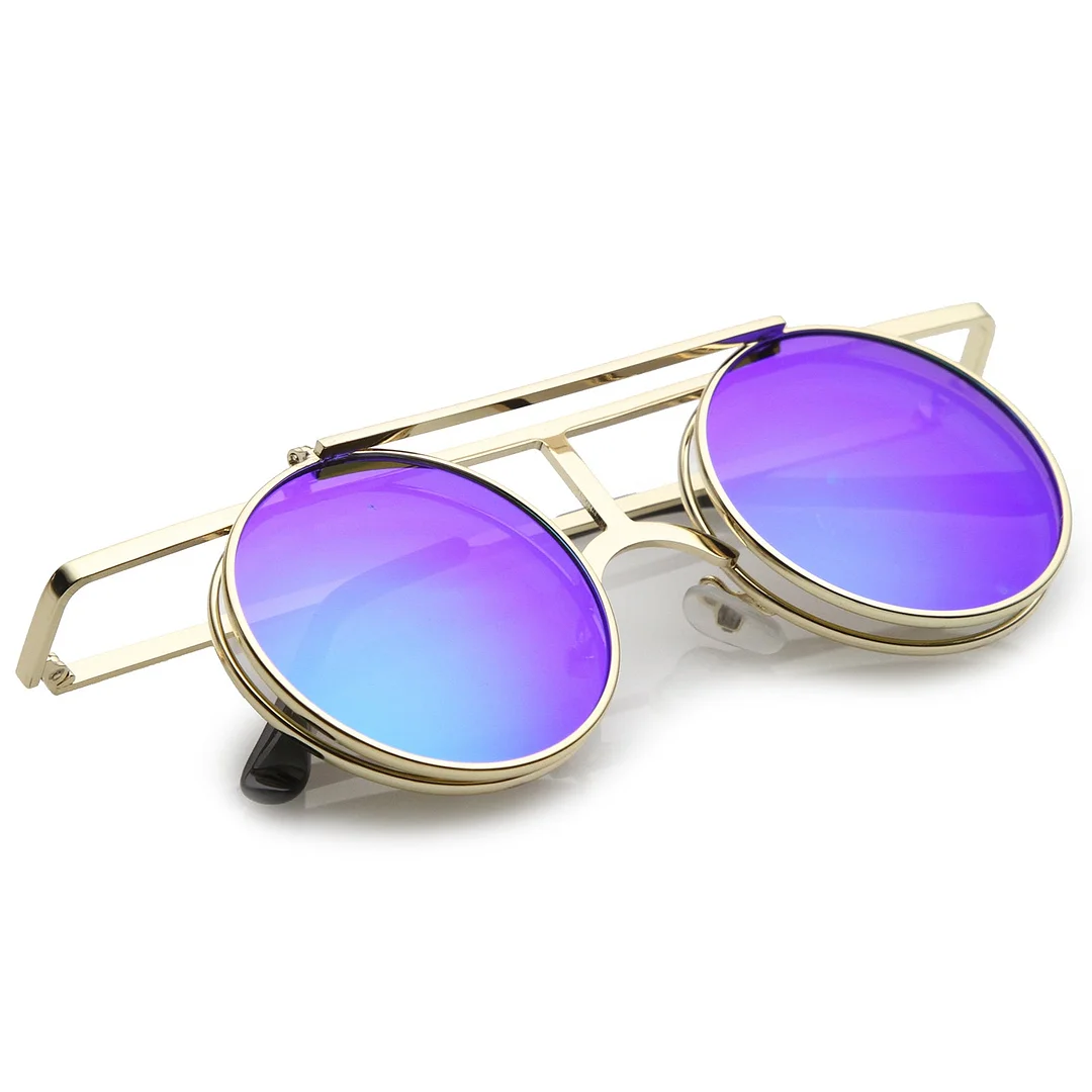 Steampunk Flip Up Cover Flat Top Colored Mirror Clear Lens Round glasses 44mm